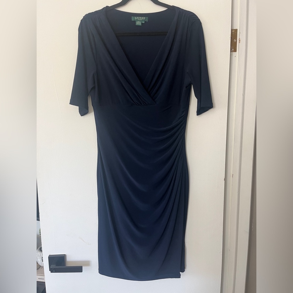 Ralph‎ Lauren Navy Blue Rushed Midi Short Sleeve Dress, Size 12